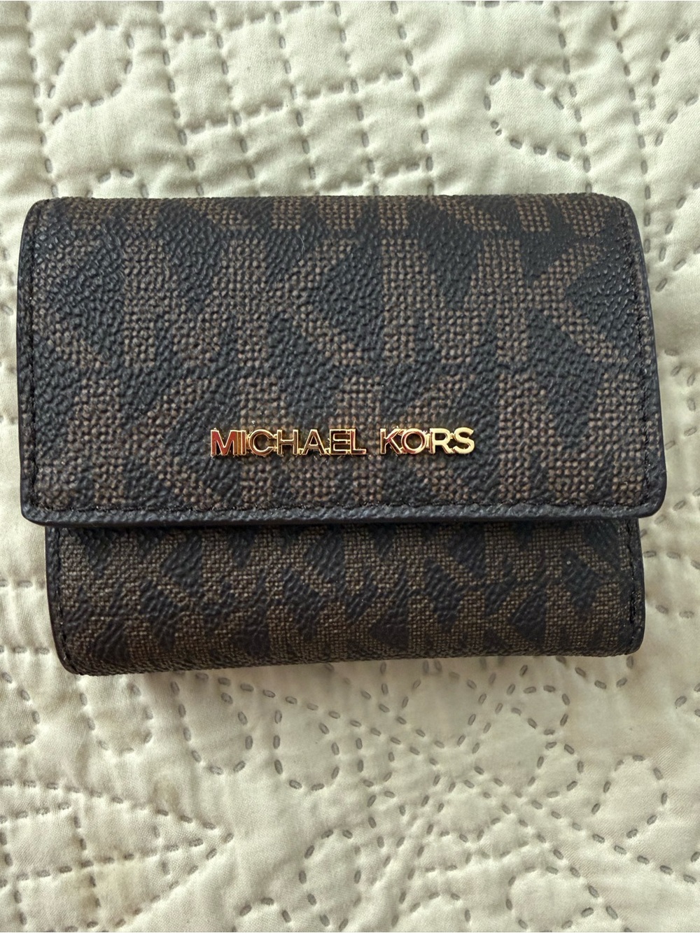New Michael Kors Brown Logo Trifold Small Wallet with Gold Hardware